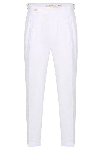 Men's White High-Waist 100% Linen Pleated Pants