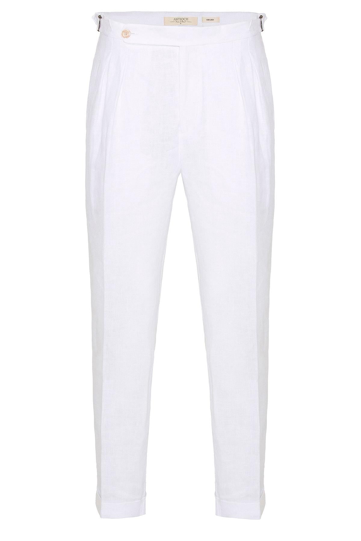 Men's White High-Waist 100% Linen Pleated Pants