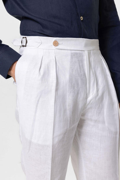 Men's White High-Waist 100% Linen Pleated Pants
