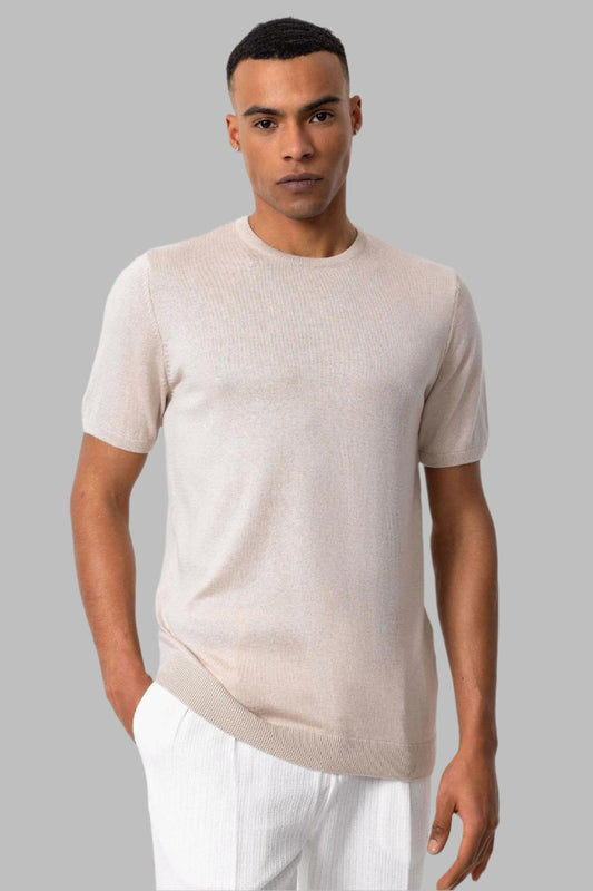 Men's Beige Crew Neck Knit T-Shirt