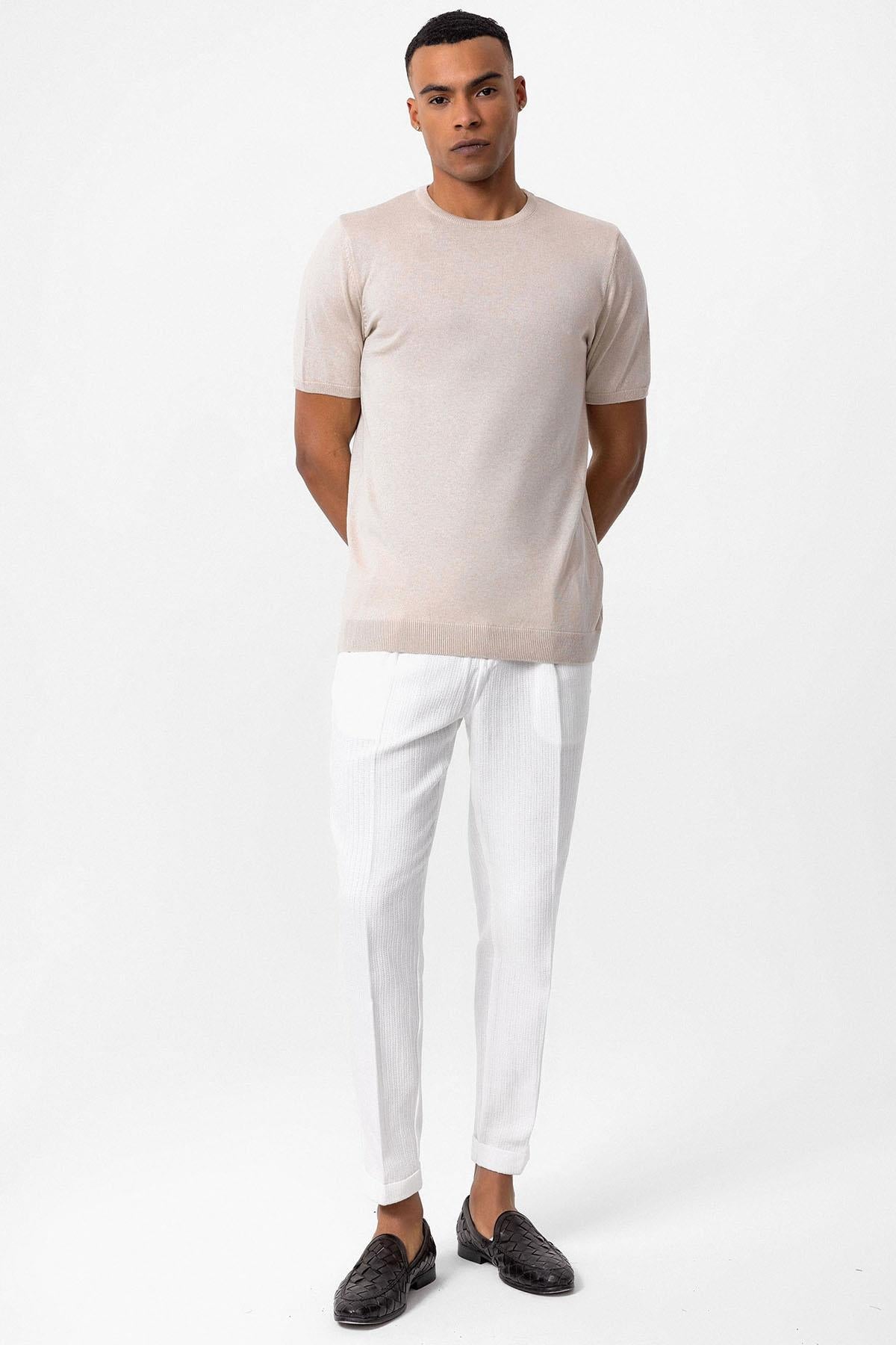 Men's Beige Crew Neck Knit T-Shirt