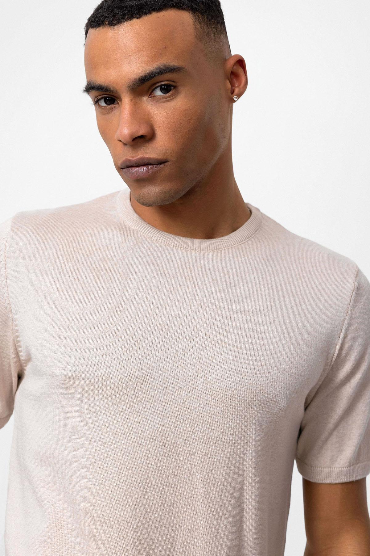 Men's Beige Crew Neck Knit T-Shirt