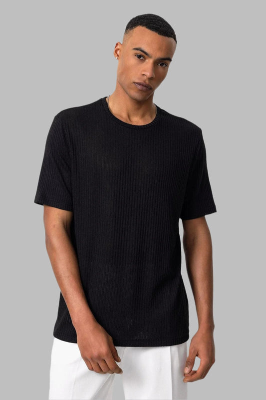 Men's Black Crew Neck Ribbed T-Shirt