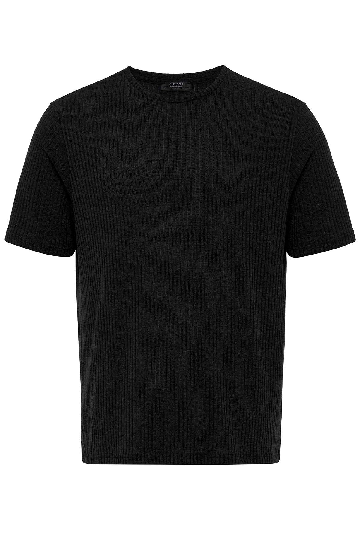 Men's Black Crew Neck Ribbed T-Shirt