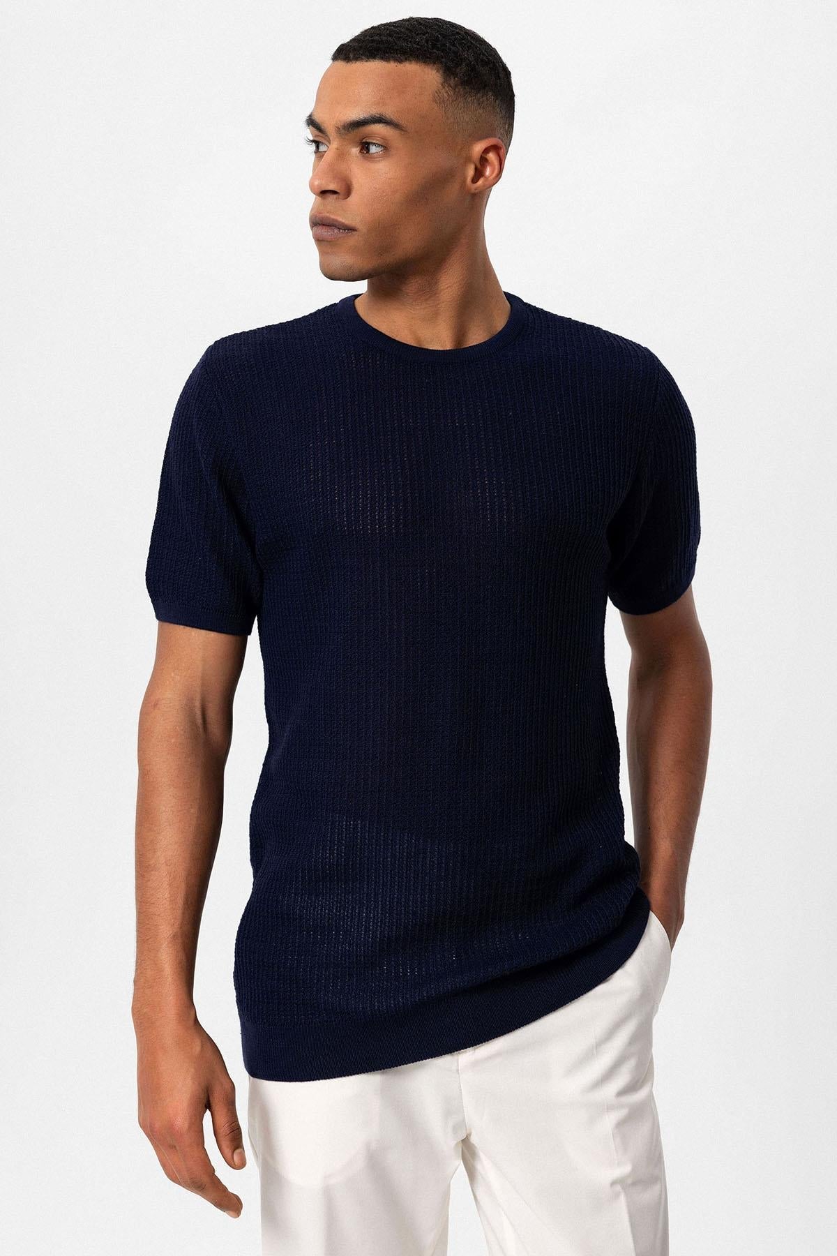 KOALA SYDNEY Men's Navy Blue Crew Neck Knit T-Shirt