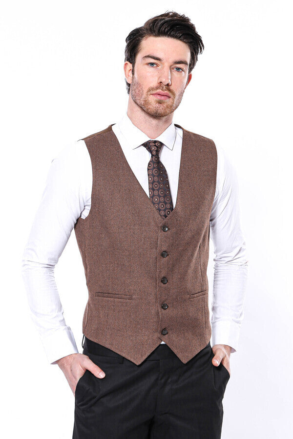 V Neck Brown Men Vest