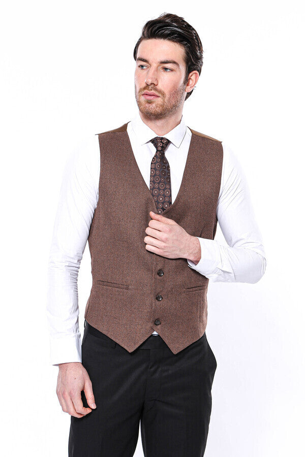 V Neck Brown Men Vest