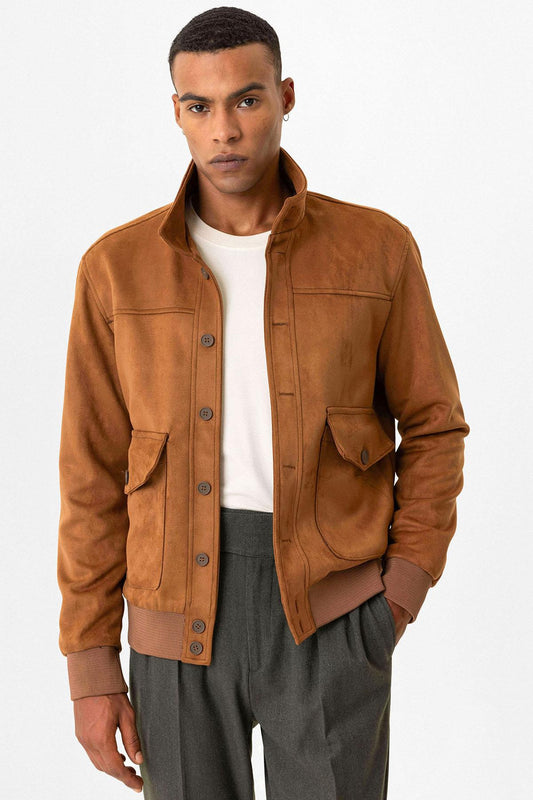 Camel Elastic Waist Stand Collar Suede Men's Jacket