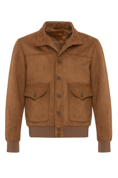 Camel Elastic Waist Stand Collar Suede Men's Jacket
