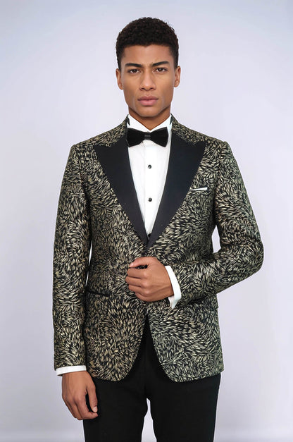 Feather Patterned Slim Fit Black Men Prom Blazer and Trousers Combination Suit