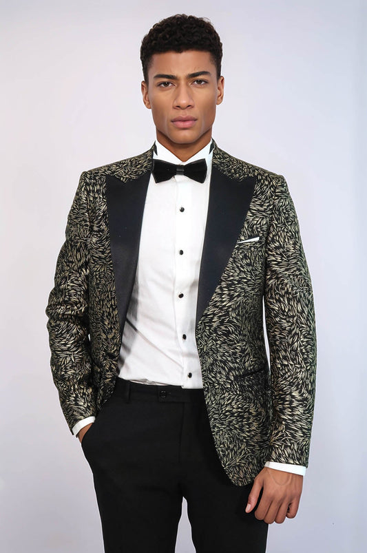 Feather Patterned Slim Fit Black Men Prom Blazer and Trousers Combination Suit