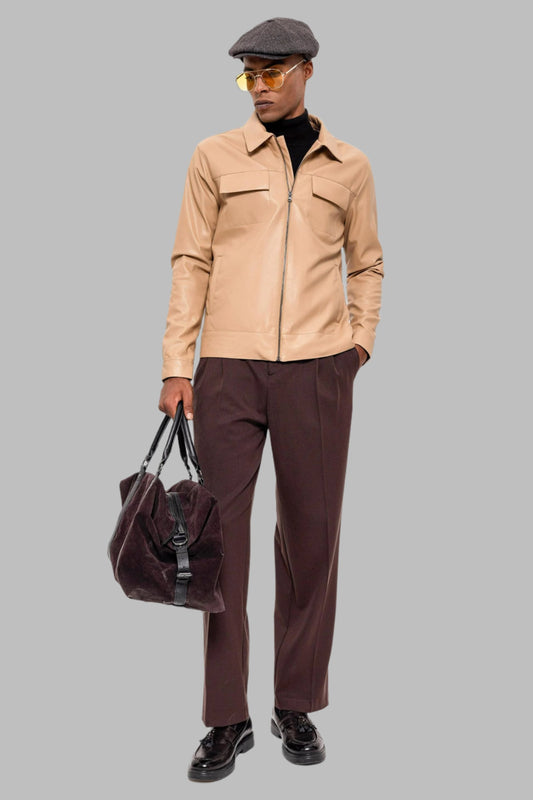 Men's Beige Leather Jacket with Pocket Detail