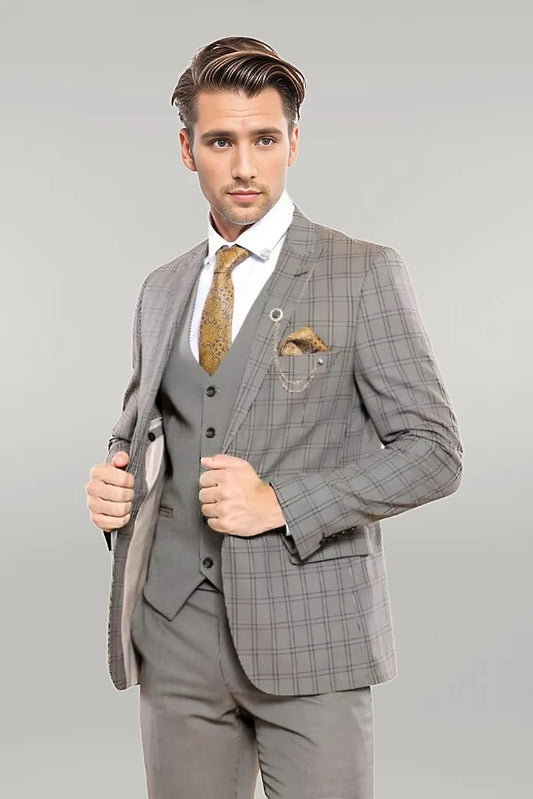 Checked Brown Vested Men's Suit |