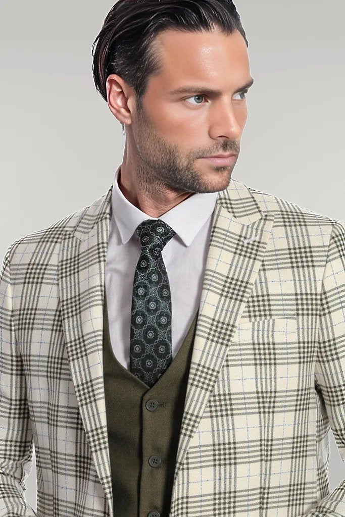 Checked Slim Fit Green Men Suit