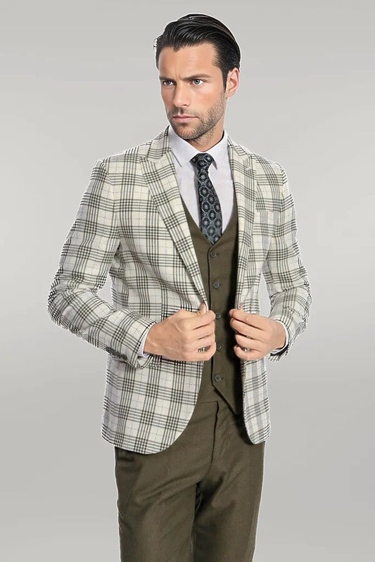 Checked Slim Fit Green Men Suit