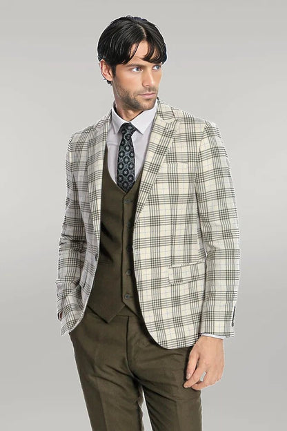 Checked Slim Fit Green Men Suit