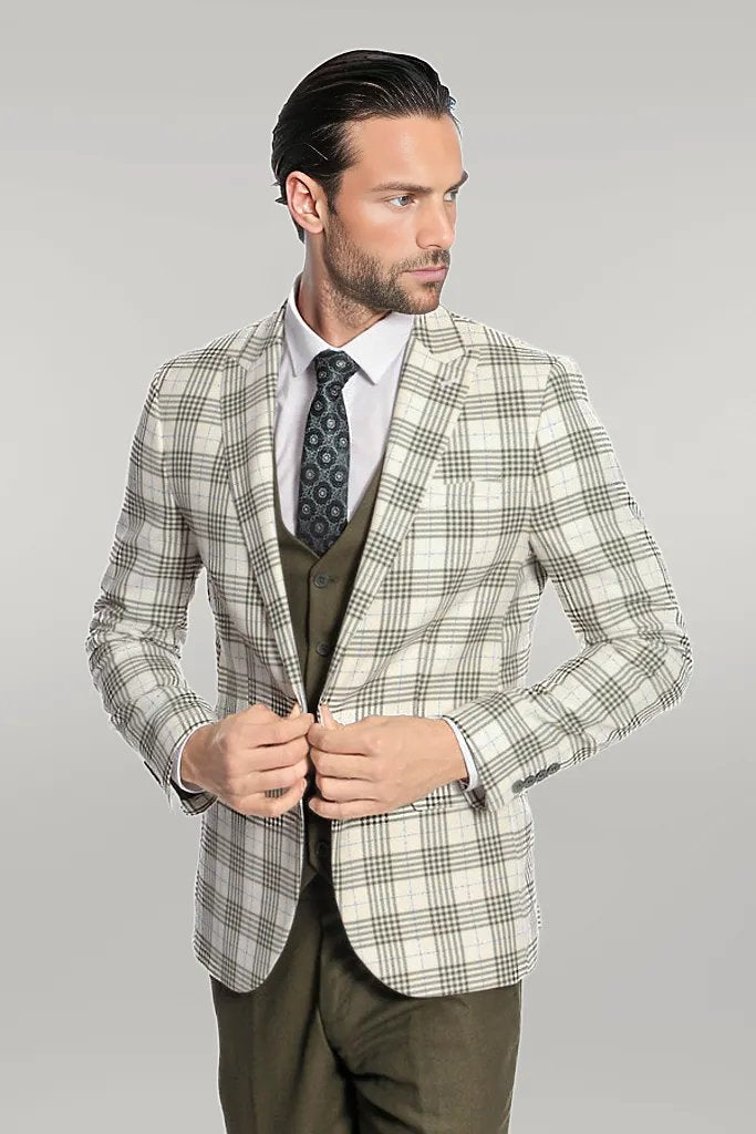 Checked Slim Fit Green Men Suit