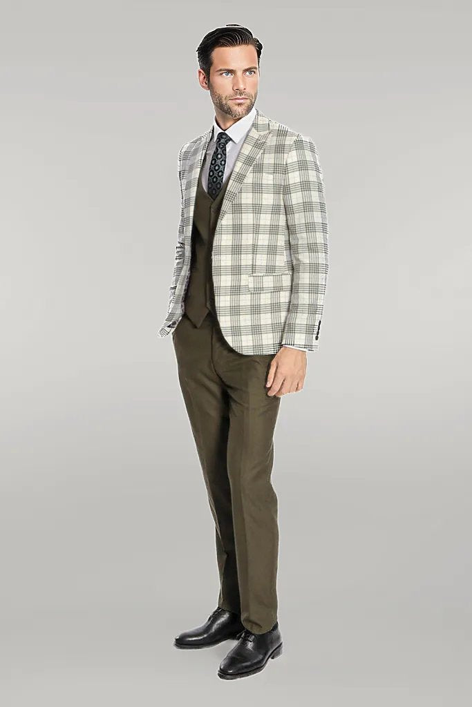 Checked Slim Fit Green Men Suit