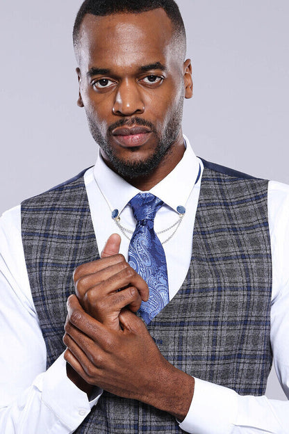 Checked Navy Blue Men Vest