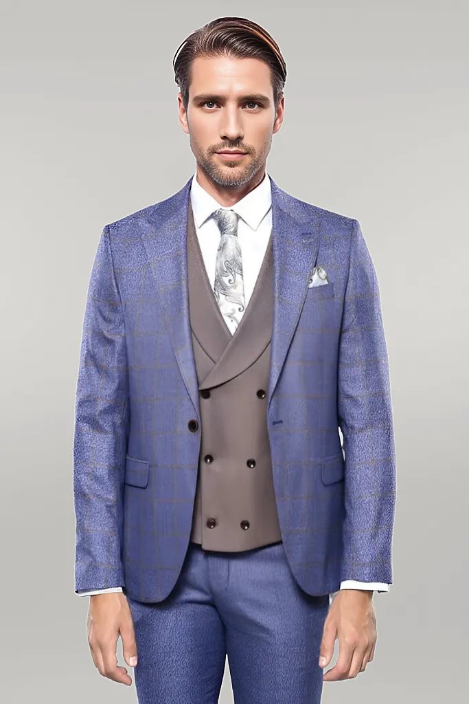 Checked Blue Men's Suit