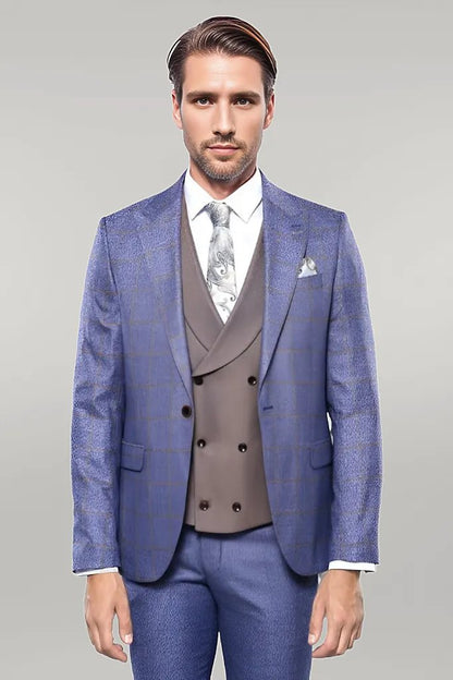 Checked Blue Men's Suit