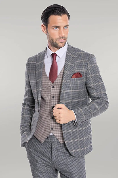 KOALA SYDNEY Checked Patterned Beige Vested Slim Fit Grey Men Suit