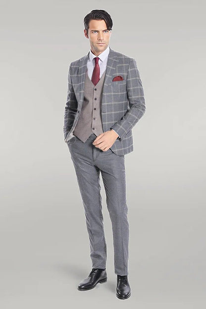 KOALA SYDNEY Checked Patterned Beige Vested Slim Fit Grey Men Suit