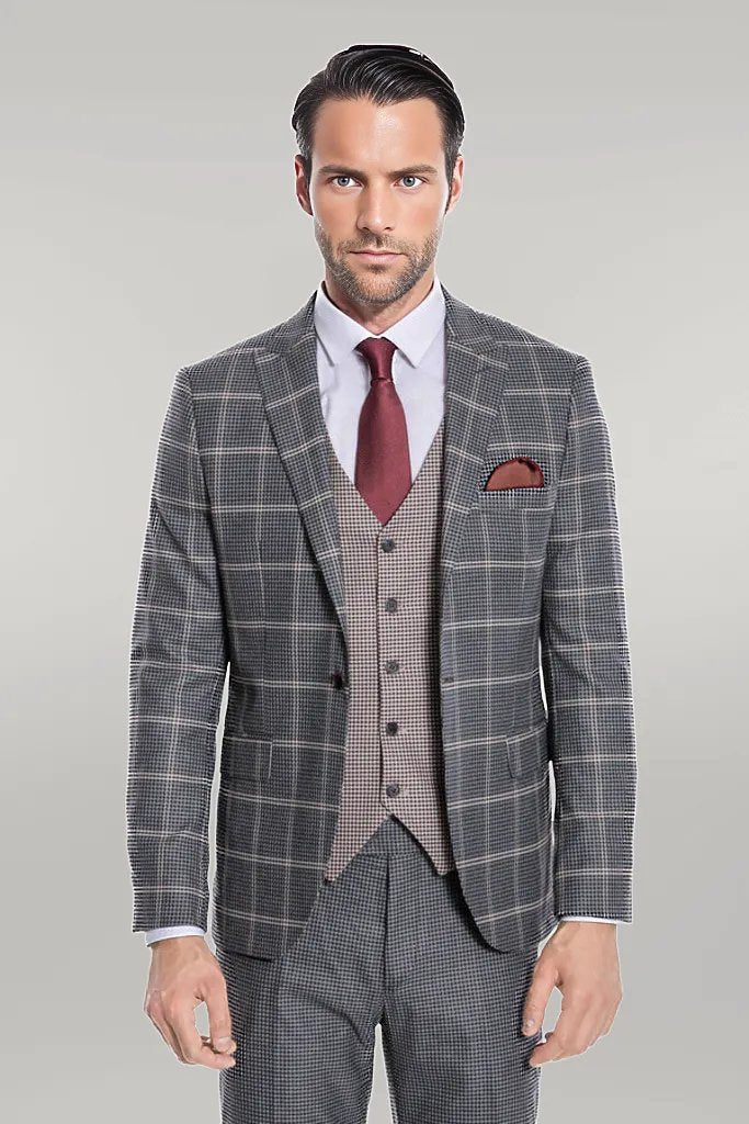 KOALA SYDNEY Checked Patterned Beige Vested Slim Fit Grey Men Suit