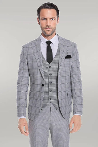 KOALA SYDNEY Checked Patterned Slim Fit Grey Men Suit