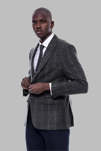KOALA SYDNEY  Checked Peak Lapel Slim-Fit Dark Grey Men Blazer -