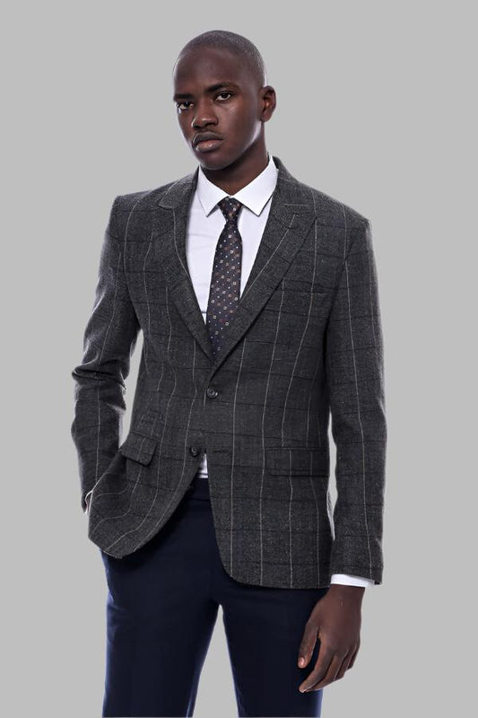 KOALA SYDNEY  Checked Peak Lapel Slim-Fit Dark Grey Men Blazer -