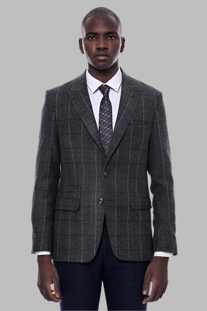 KOALA SYDNEY  Checked Peak Lapel Slim-Fit Dark Grey Men Blazer -
