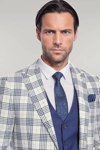 Checked Slim Fit Navy Blue Men Suit