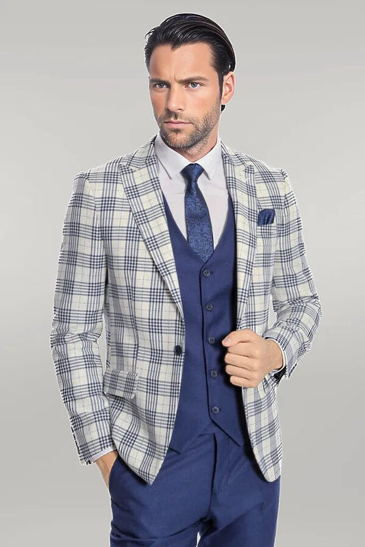 Checked Slim Fit Navy Blue Men Suit