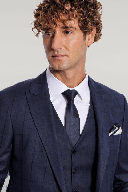 Checked Vested Slim Fit Navy Blue Men Suit