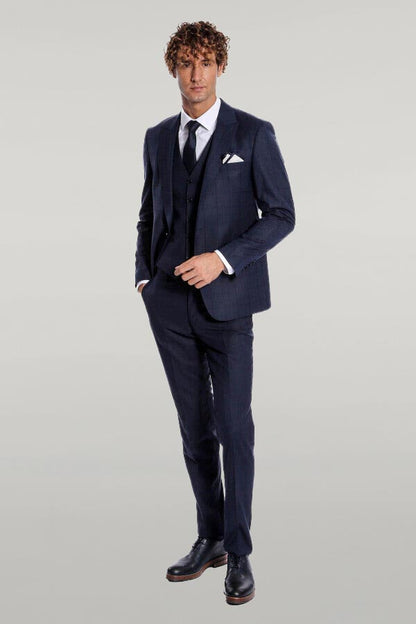 Checked Vested Slim Fit Navy Blue Men Suit