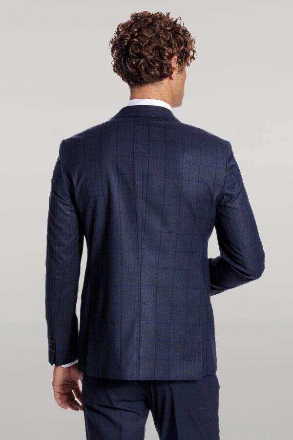 Checked Vested Slim Fit Navy Blue Men Suit