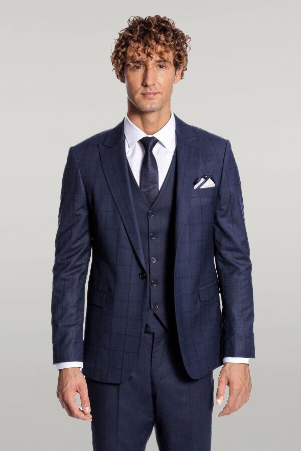 Checked Vested Slim Fit Navy Blue Men Suit