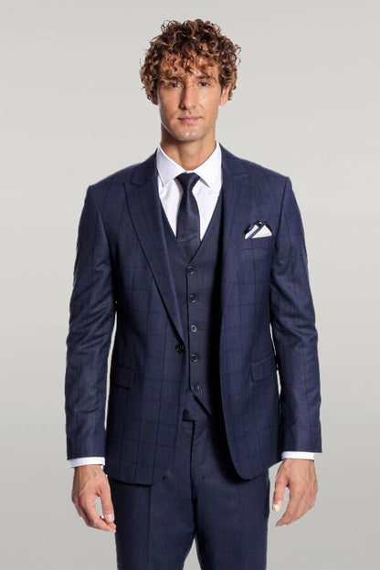Checked Vested Slim Fit Navy Blue Men Suit