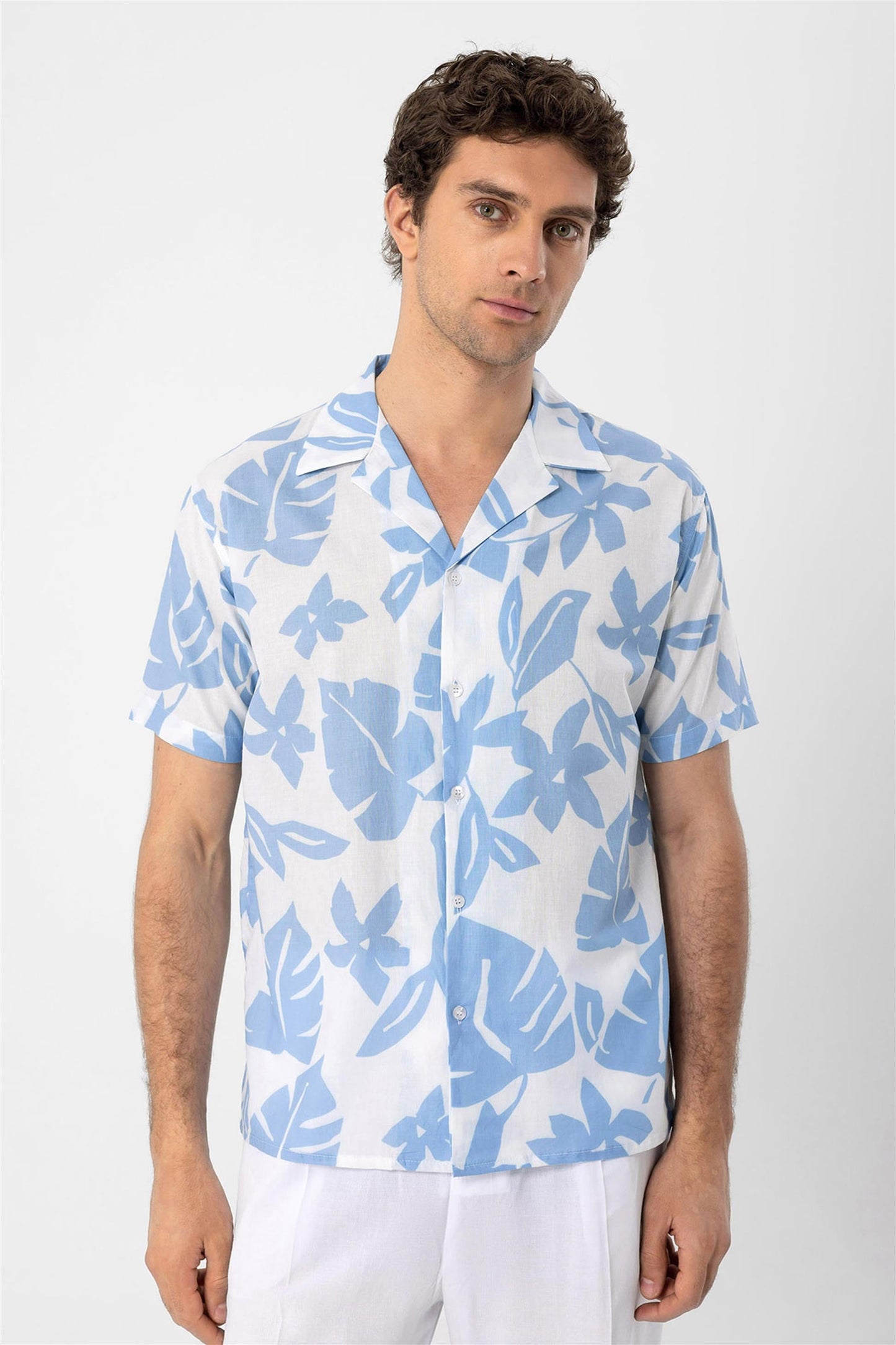 Men's Blue Floral Patterned Top Collar Shirt