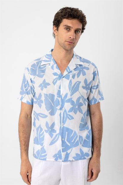 Men's Blue Floral Patterned Top Collar Shirt