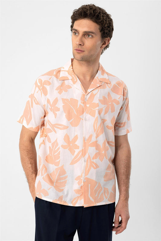 Men's Orange Floral Patterned Top Collar Shirt