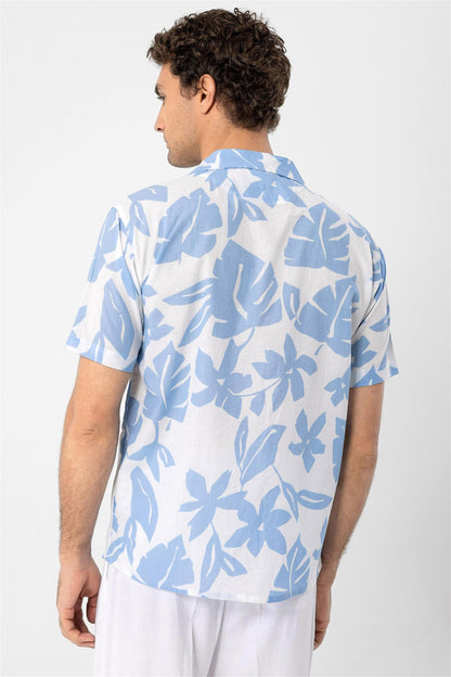 Men's Blue Floral Patterned Top Collar Shirt