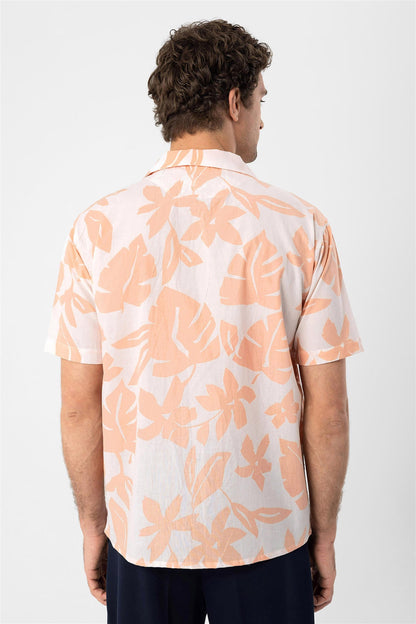 Men's Orange Floral Patterned Top Collar Shirt