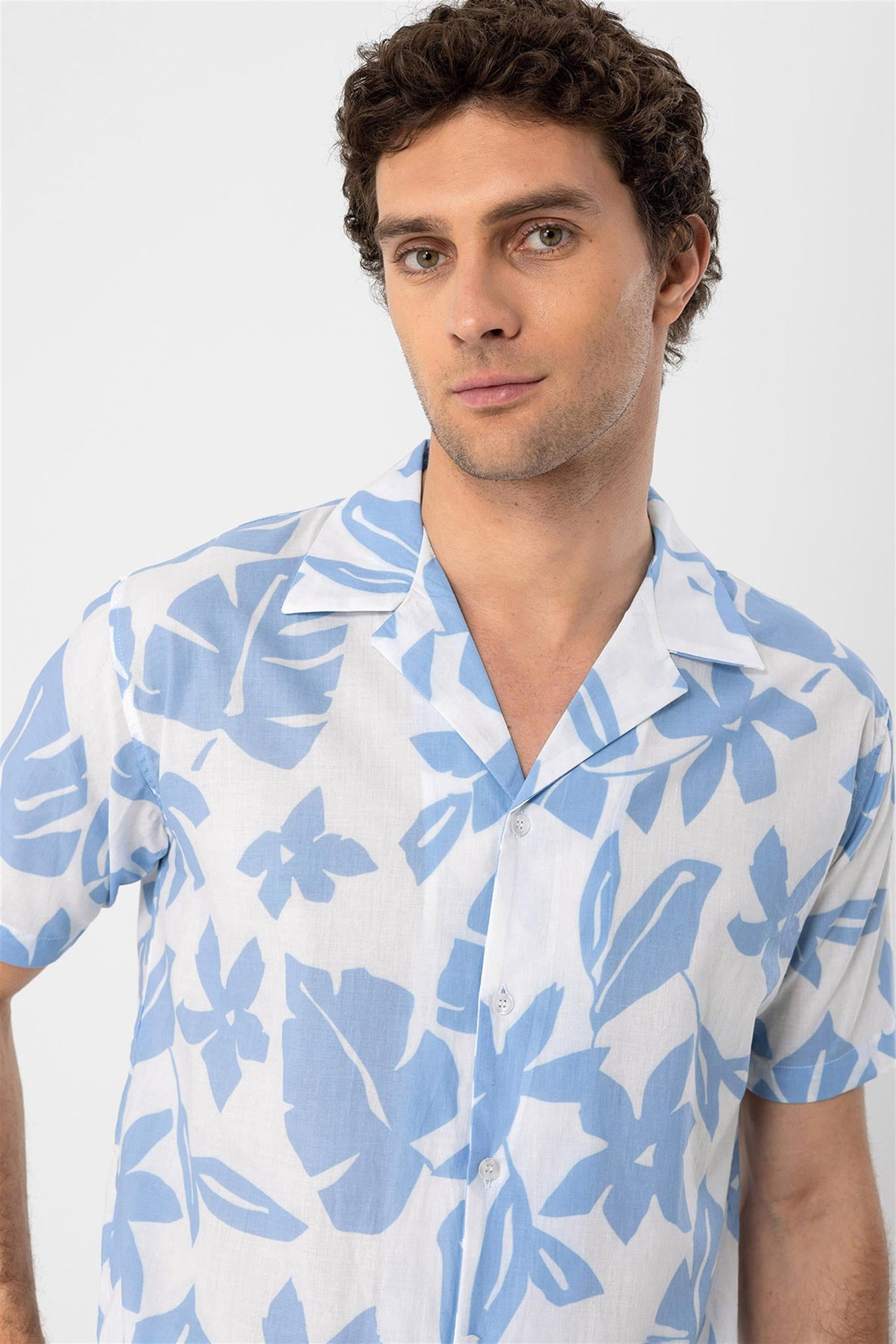 Men's Blue Floral Patterned Top Collar Shirt