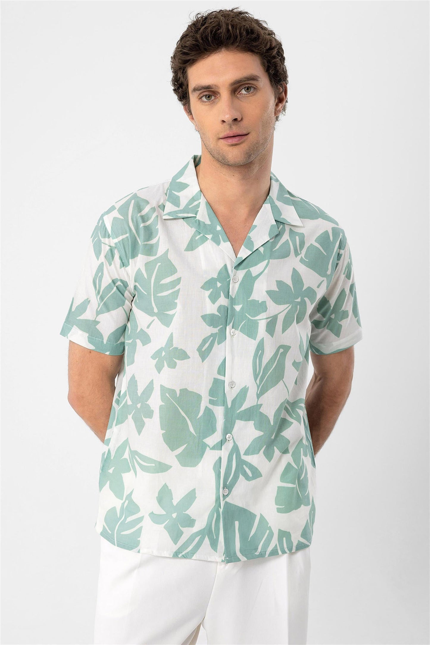 Men's Green Floral Patterned Top Collar Shirt