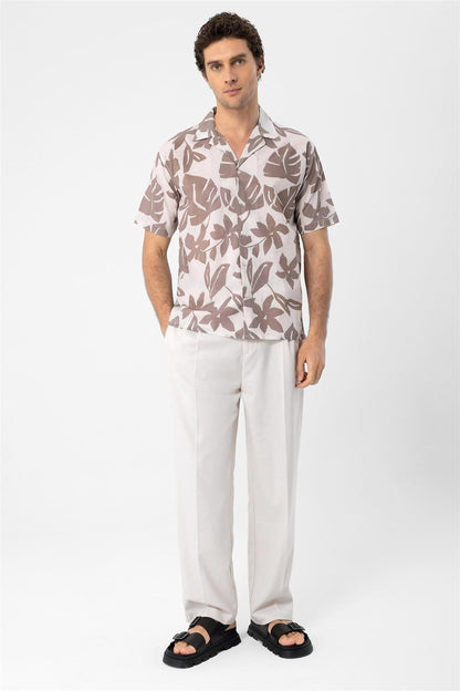 Men's Black Floral Patterned Top Collar Shirt