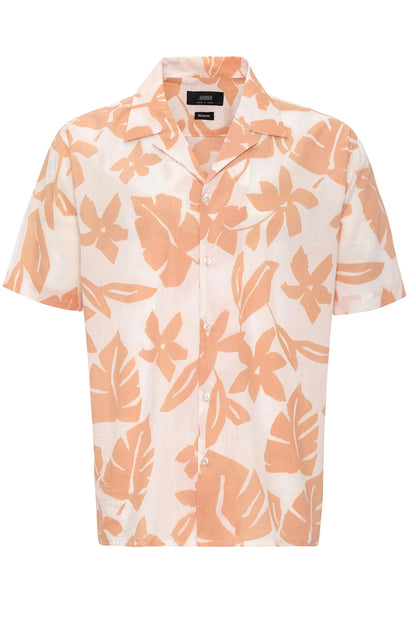 Men's Orange Floral Patterned Top Collar Shirt