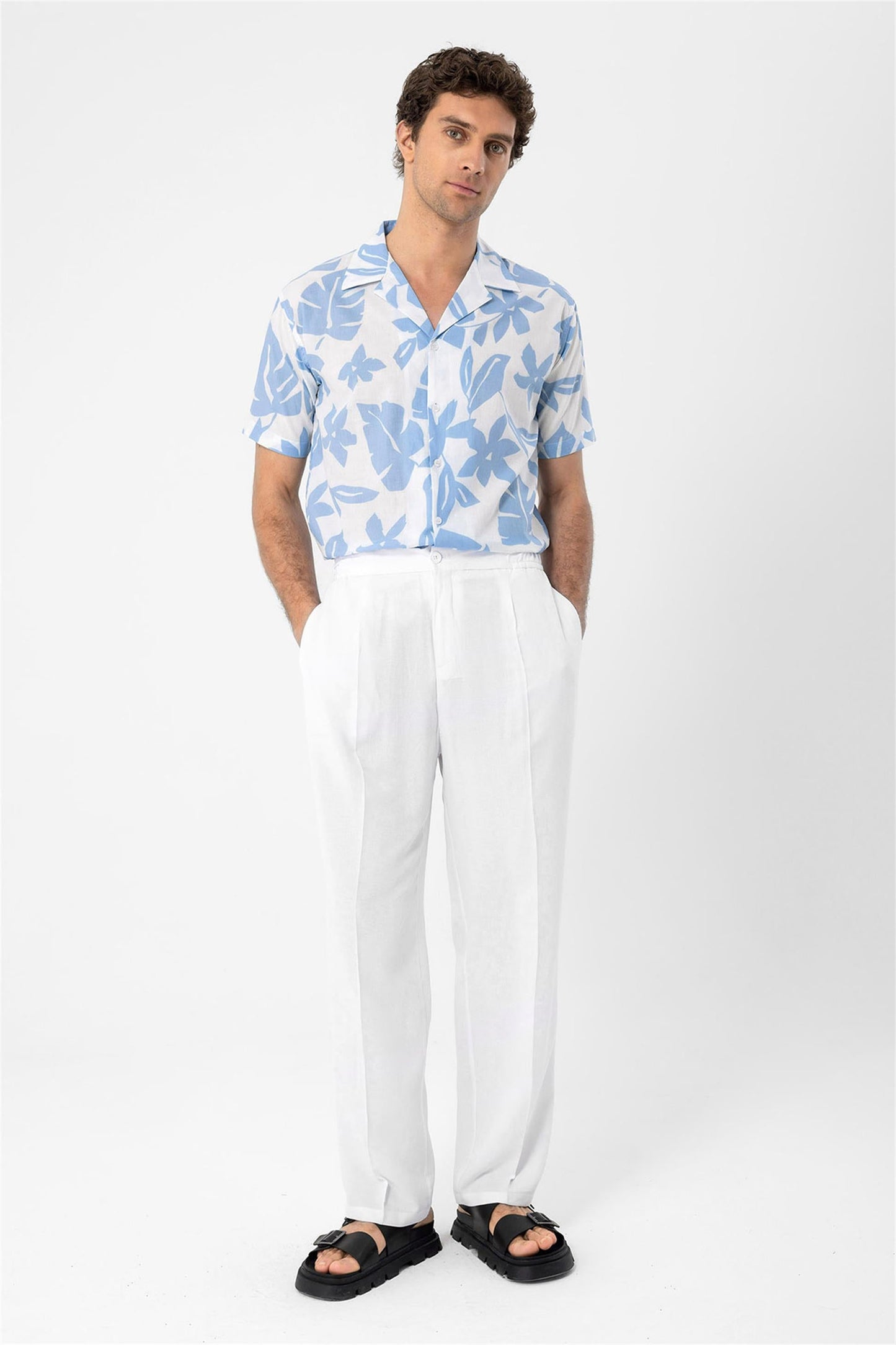 Men's Blue Floral Patterned Top Collar Shirt