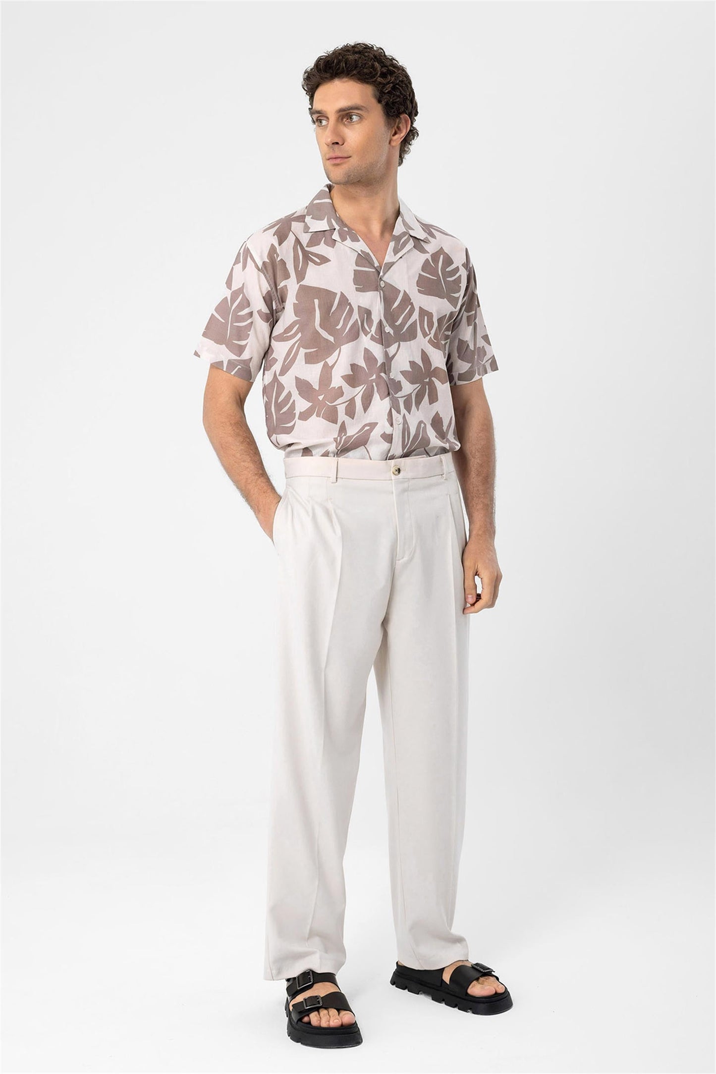 Men's Black Floral Patterned Top Collar Shirt